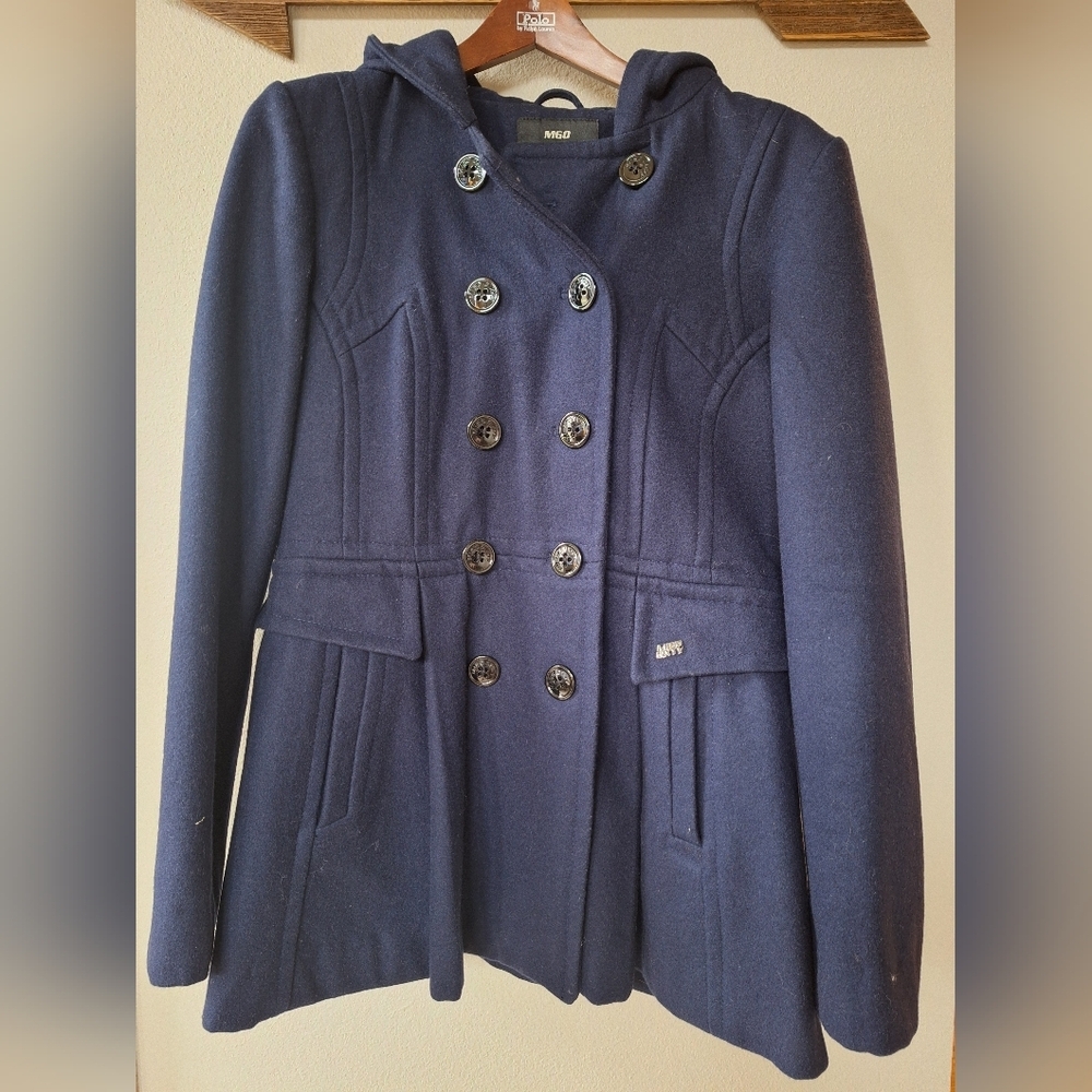 Miss Sixty Navy Pea Coat Jacket Wool Blend Hooded Double Breasted Womens Size L